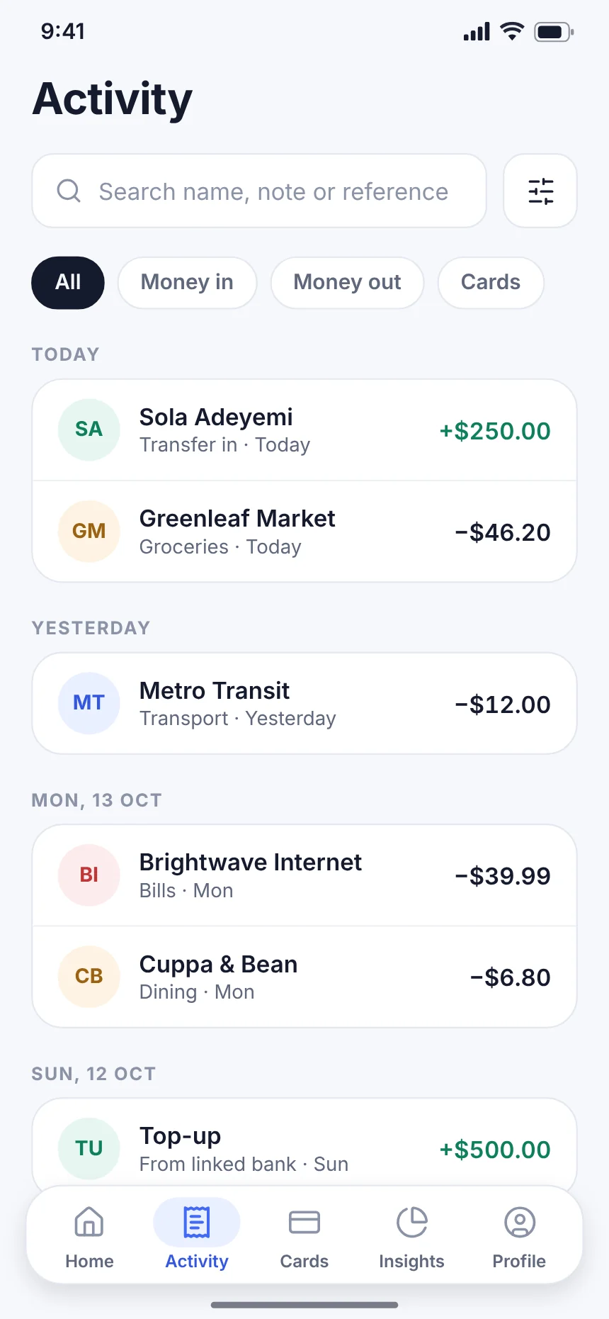 Activity screen of the Klyro app
