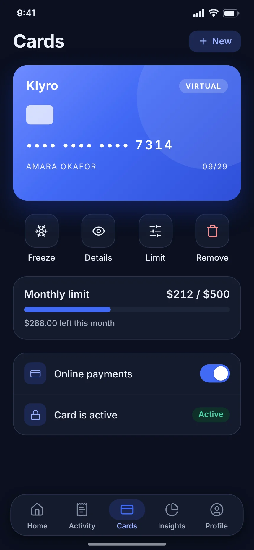 Cards screen of the Klyro app