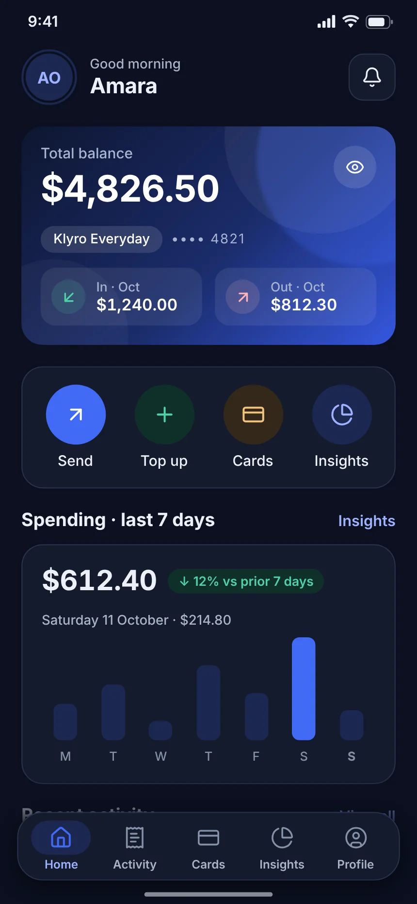 Home screen of the Klyro app