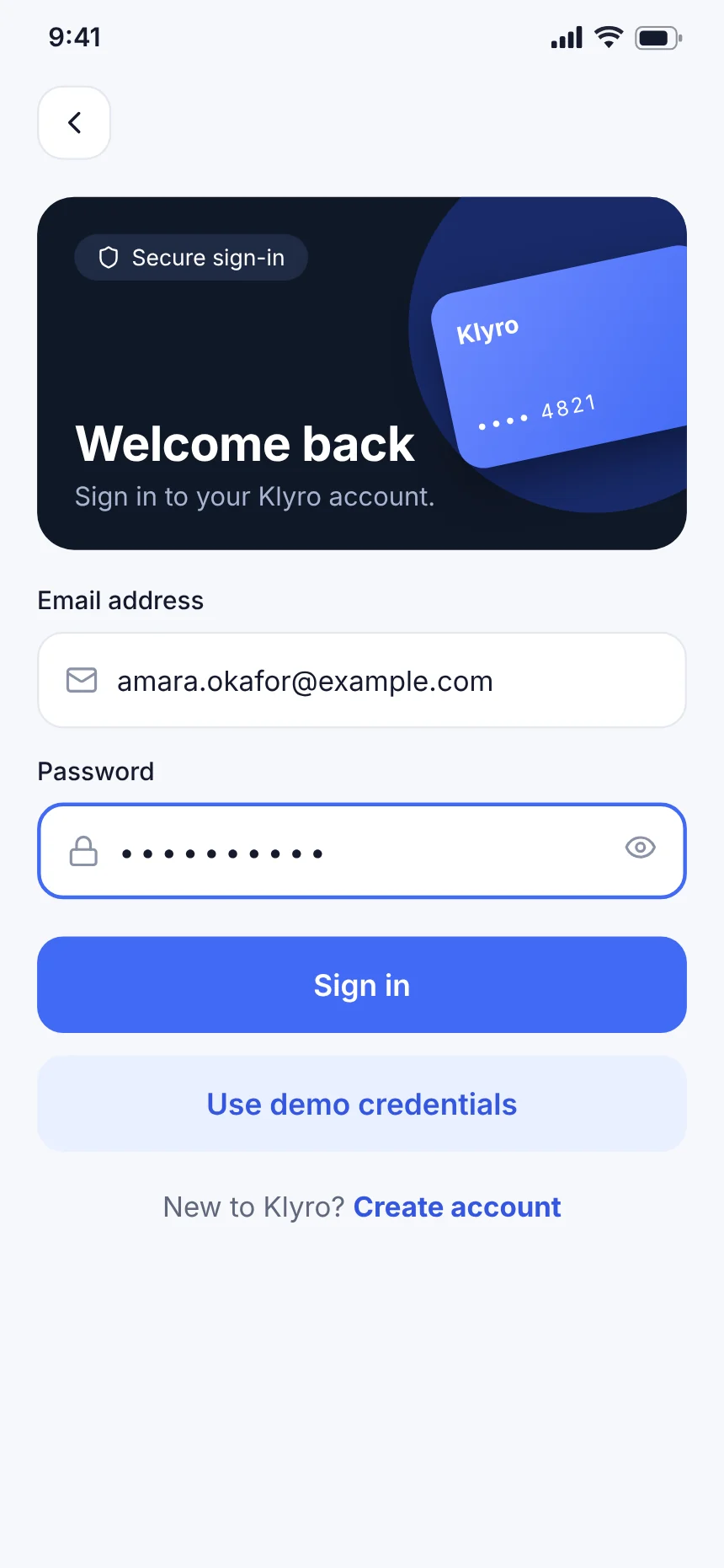 Sign in screen of the Klyro app