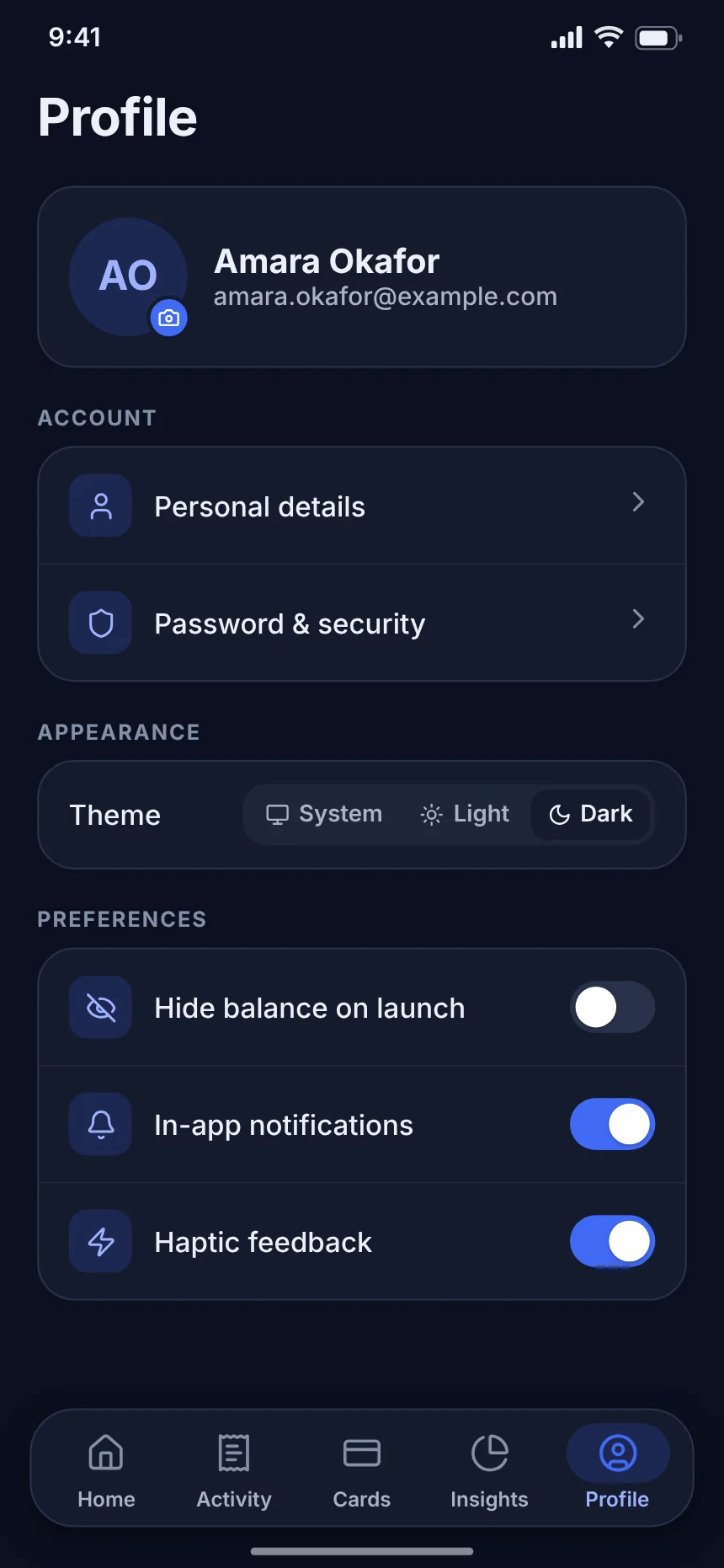 Profile & settings screen of the Klyro app