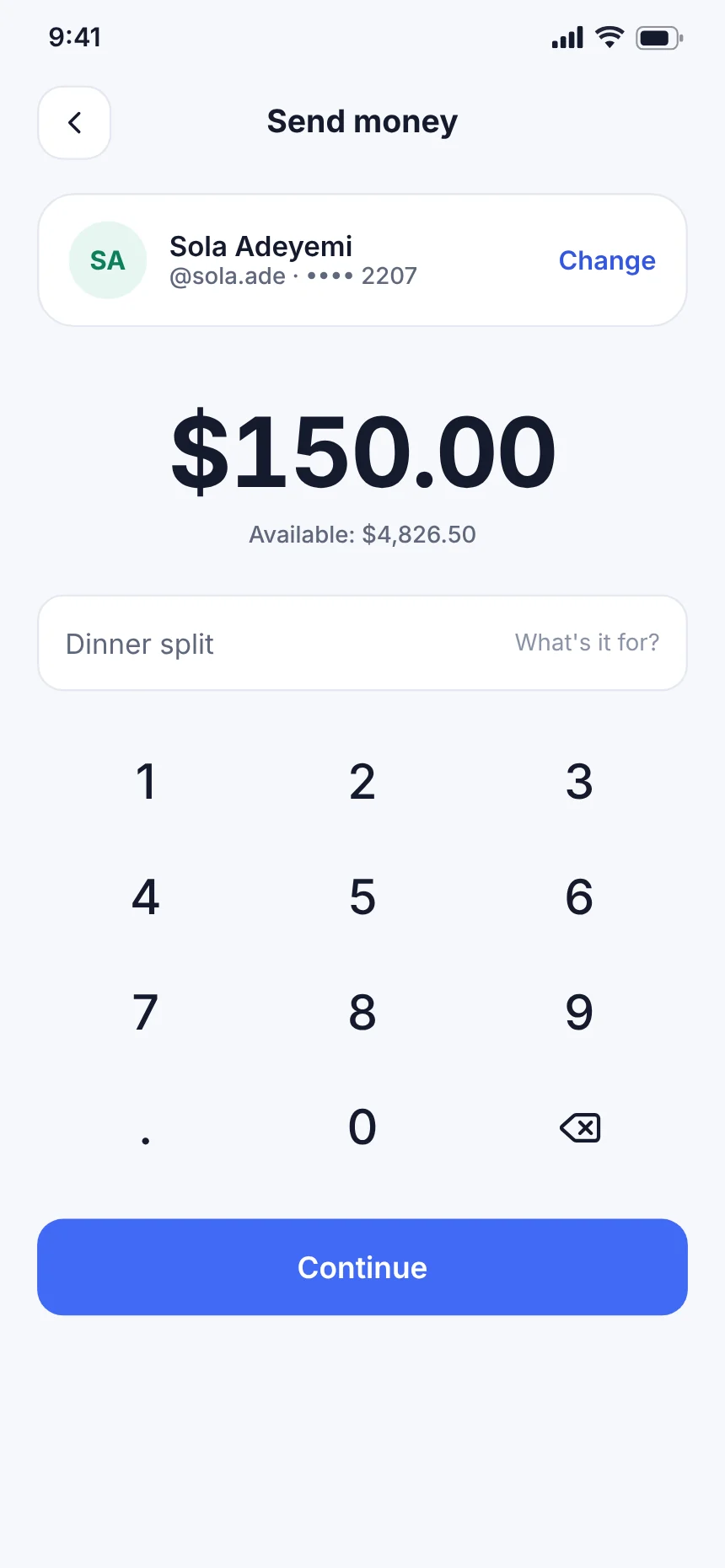 Send money screen of the Klyro app