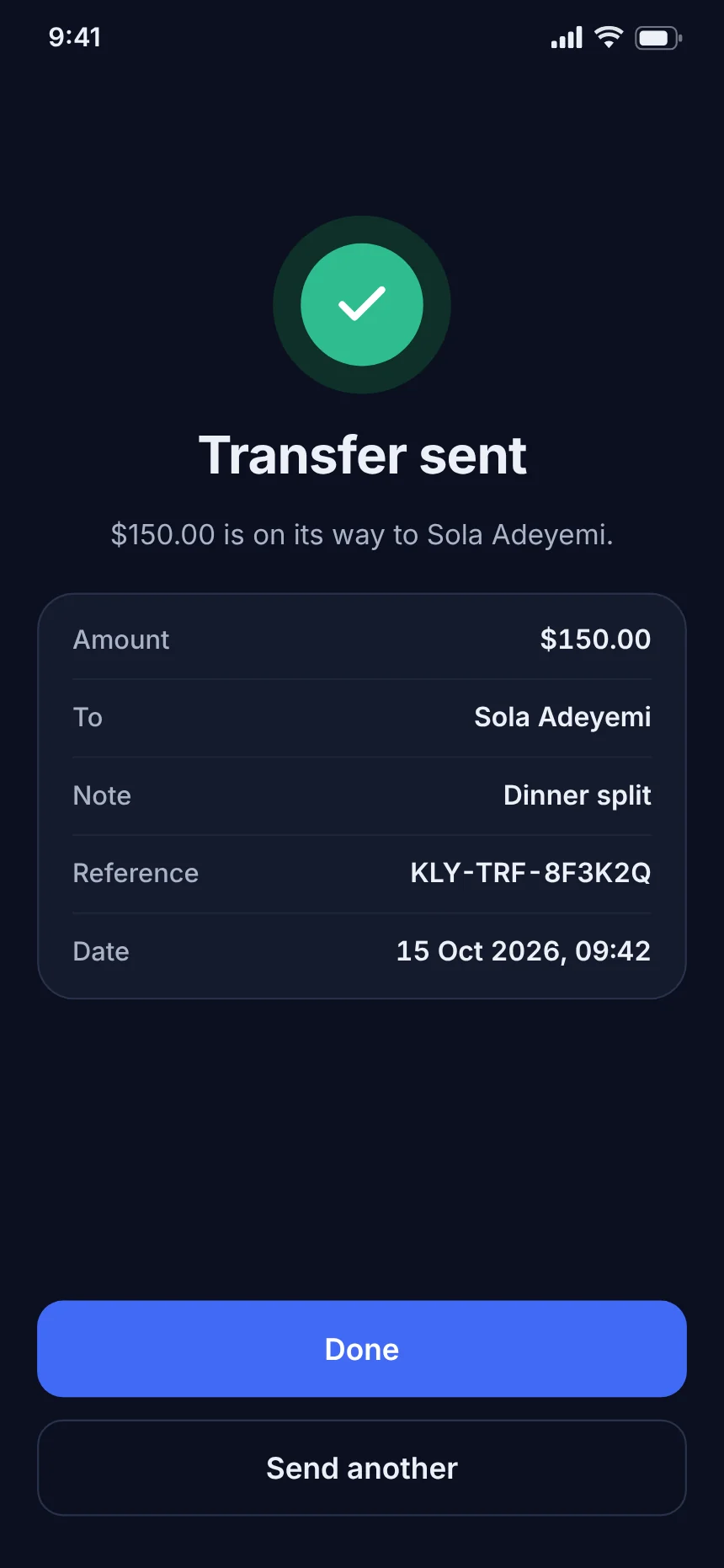 Transfer receipt screen of the Klyro app