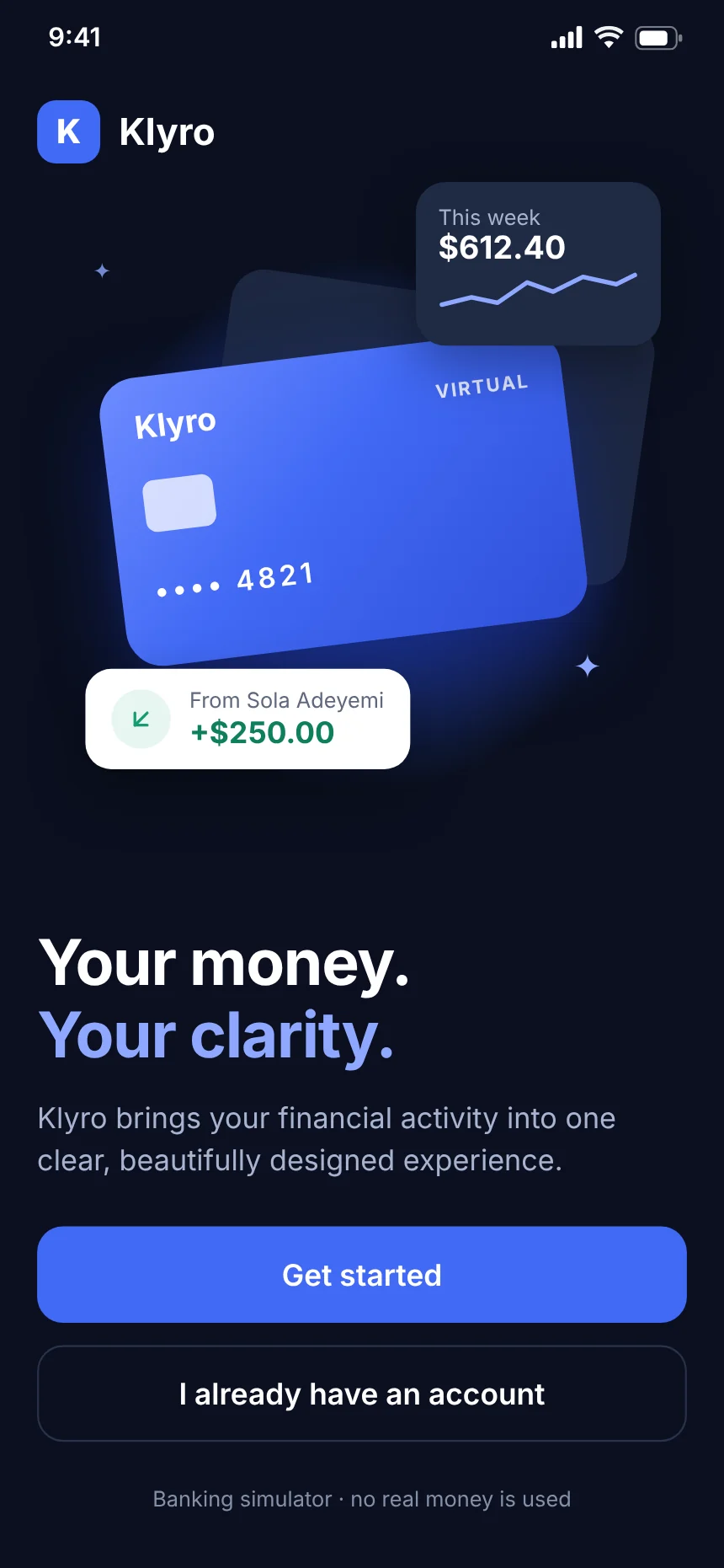 Welcome screen of the Klyro app