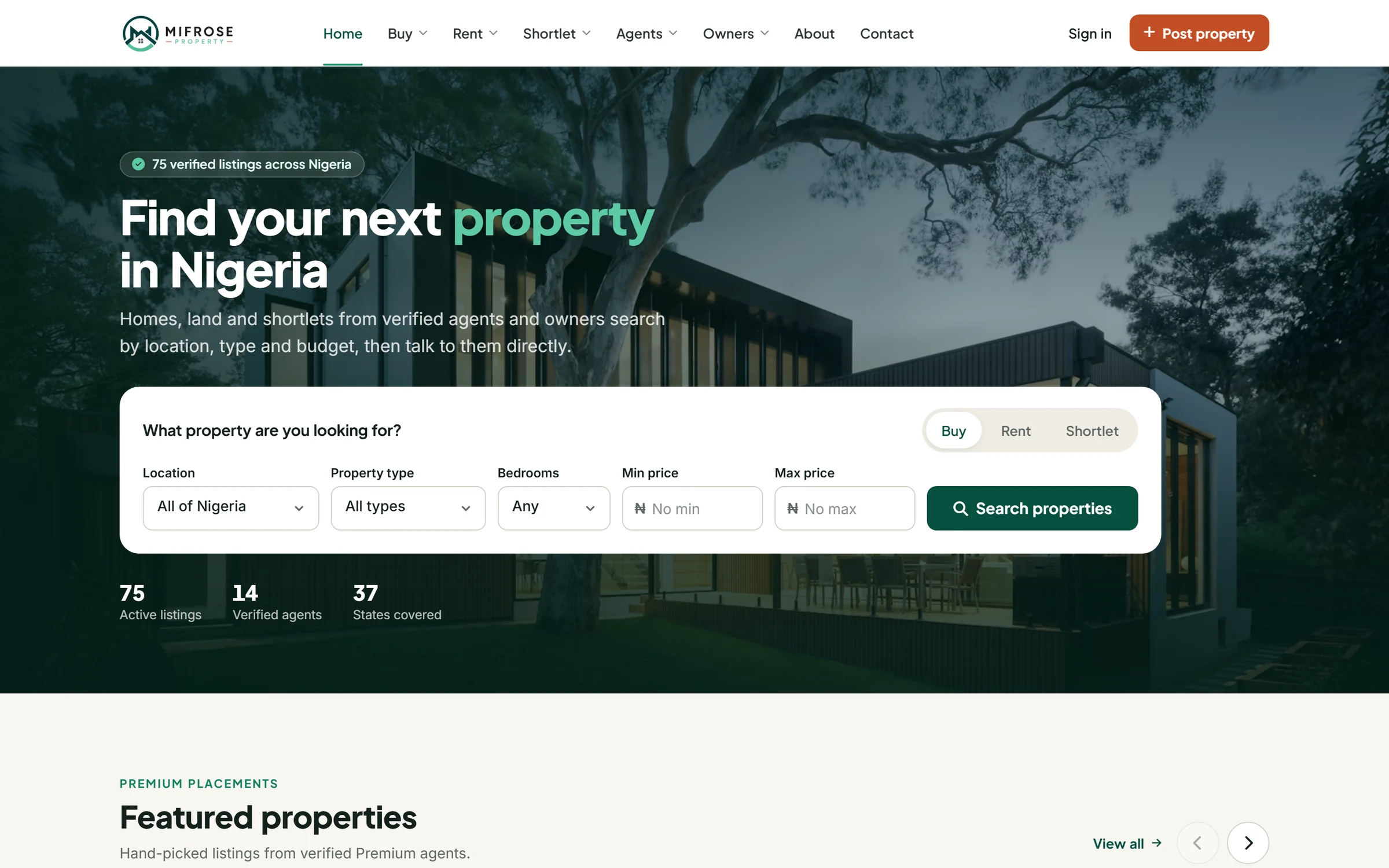 Homepage of the Mifrose Properties real estate marketplace with a property search bar