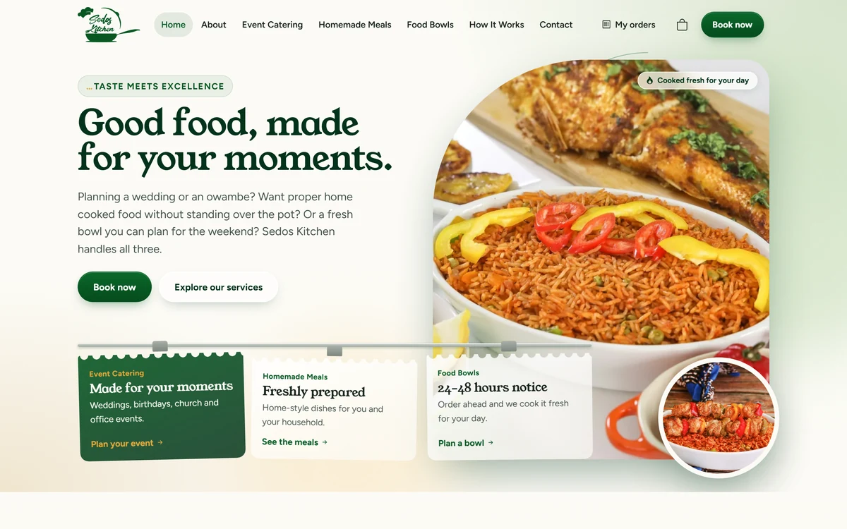 Homepage of the Sedos Kitchen website showing its event catering, homemade meals and food bowls services